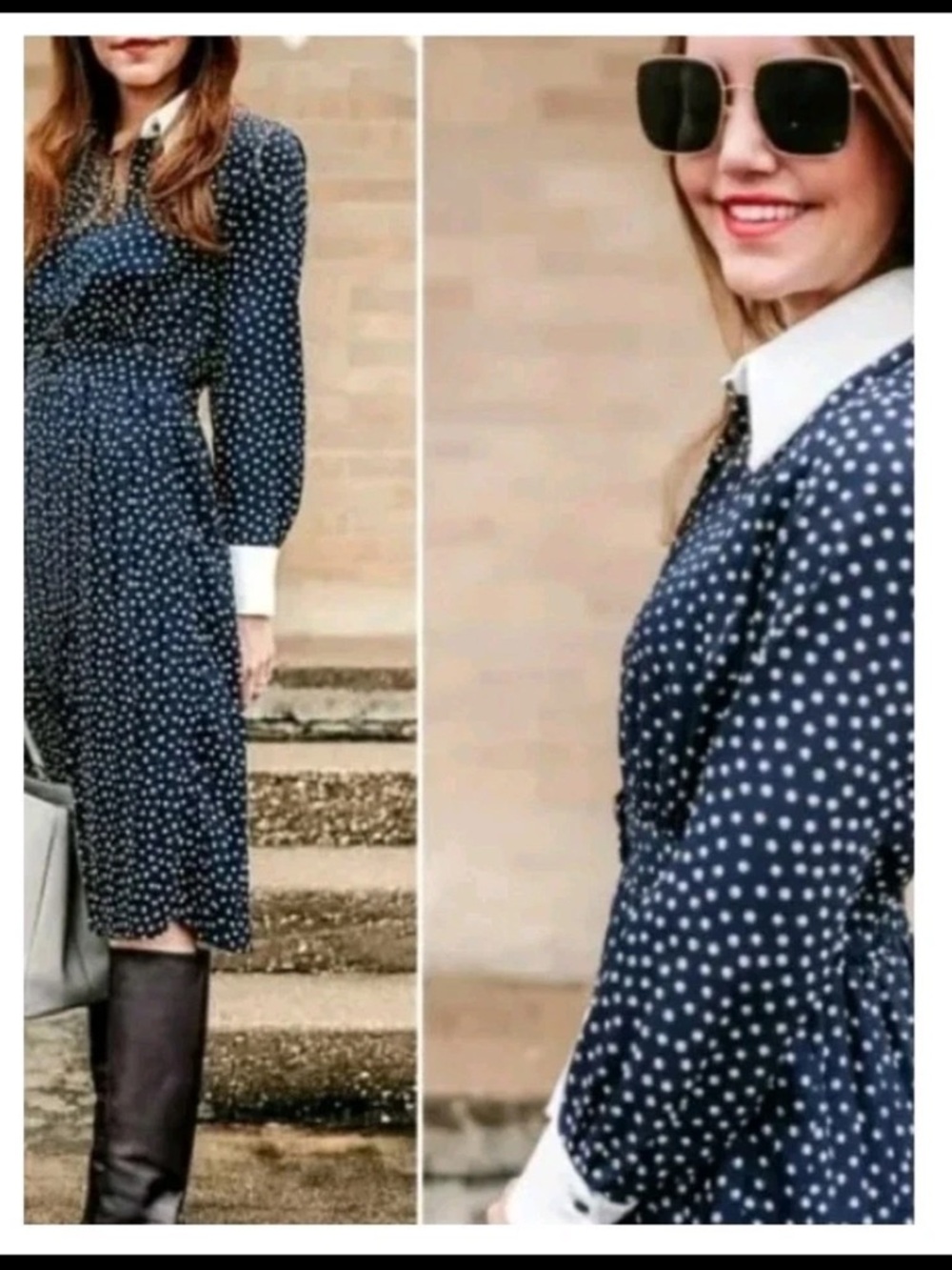 Zara Navy Blue Polka Dot Midi Dress with White Collar & Cuffs